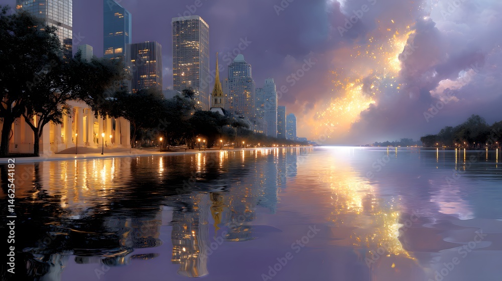 Serene Cityscape Reflection at Dusk with Dramatic Clouds and Lights above Water Surface