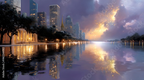 Obraz na płótnie Serene Cityscape Reflection at Dusk with Dramatic Clouds and Lights above Water Surface w salonie