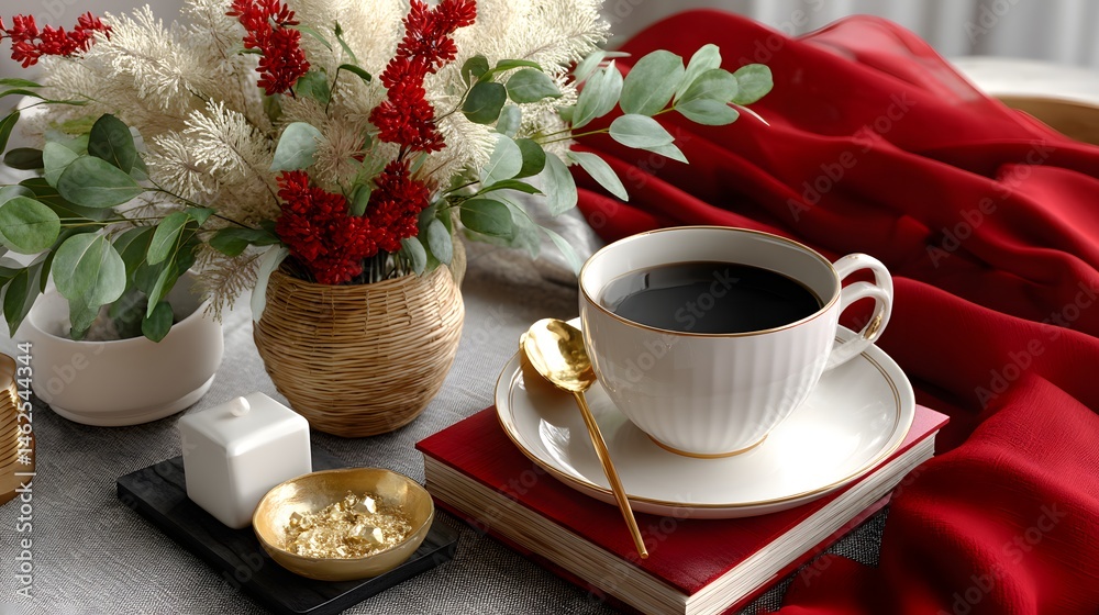 Elegant Coffee Setup with Decorative Flowers and Cozy Textiles in a Modern Interior Scene
