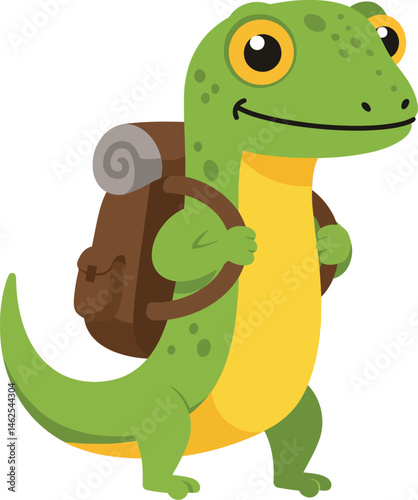 Cartoon green lizard character with backpack ready for adventure vector illustration 