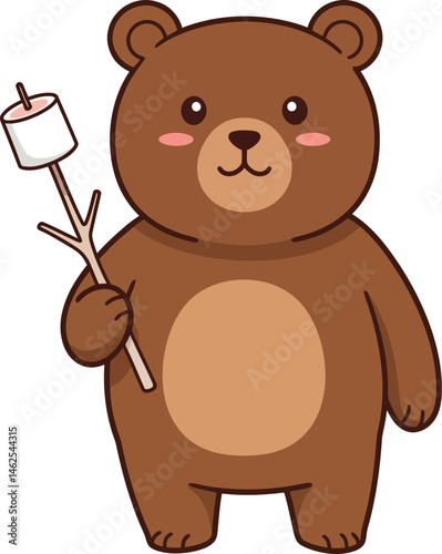 Cute brown bear holding stick with marshmallow vector illustration in simple cartoon style 