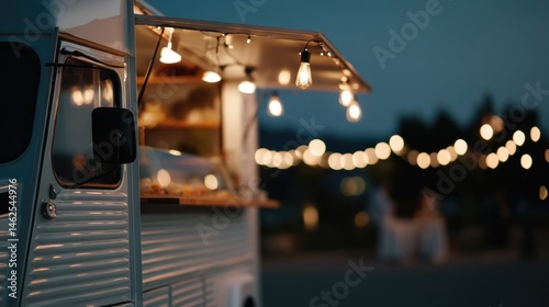 A food truck decorated with string lights is open for business during an evening event or outdoor market.

