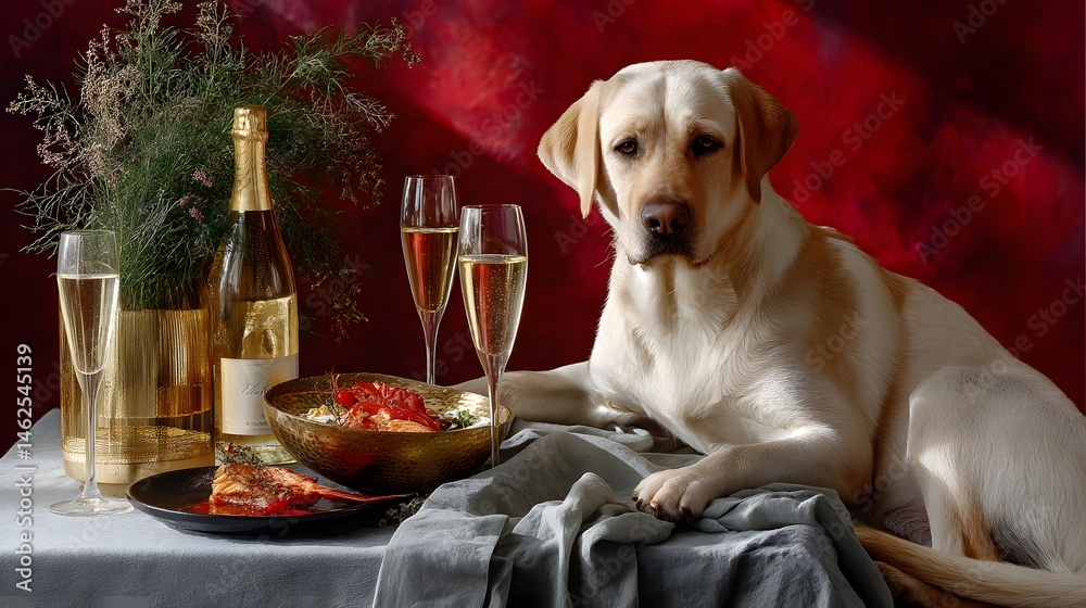 Elegant Table Setting with Labrador Dog, Champagne, and Gourmet Dish Against Warm Background