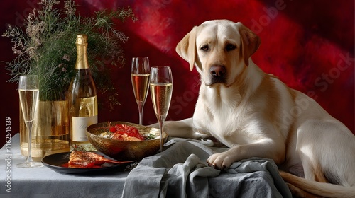 Obraz na płótnie Elegant Table Setting with Labrador Dog, Champagne, and Gourmet Dish Against Warm Background w salonie
