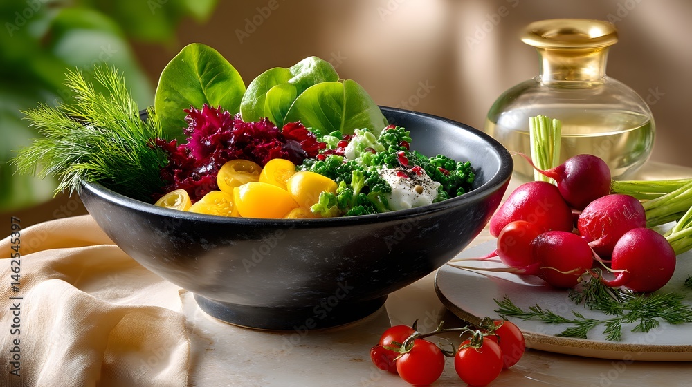Fresh Salad Bowl with Colorful Ingredients and Olive Oil on a Light Background