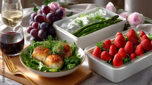 Obraz na płótnie Elegant Dinner Arrangement with Fresh Food, Wine and Grapes on a White Tablecloth w salonie