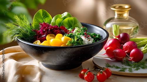 Obraz na płótnie Fresh Salad Bowl with Colorful Ingredients and Olive Oil on a Light Background w salonie