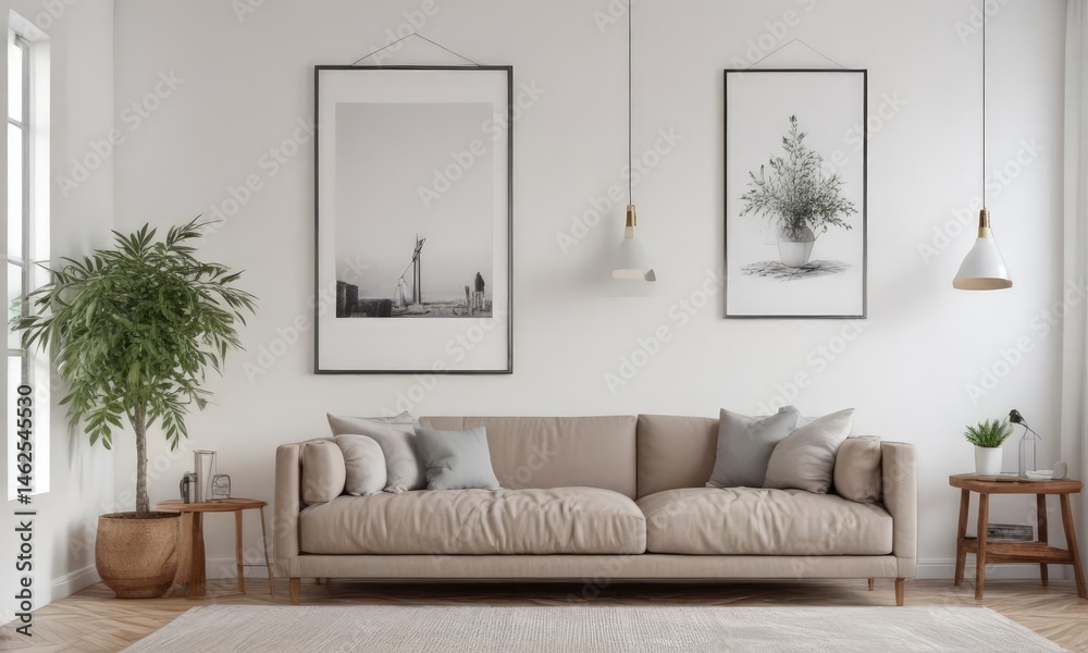 Fototapeta premium Cozy home interior, poster mockup on clips, white wall, presentation, home, image