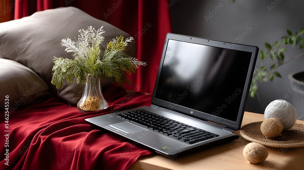 Cozy Workspace with Laptop, Decorative Plants, and Soft Textiles in a Home Setting