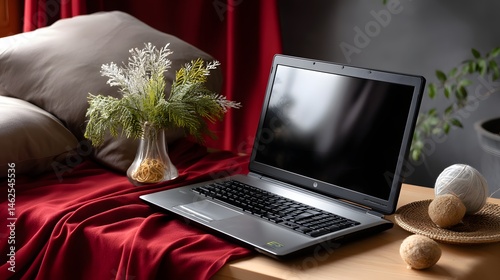 Cozy Workspace with Laptop, Decorative Plants, and Soft Textiles in a Home Setting