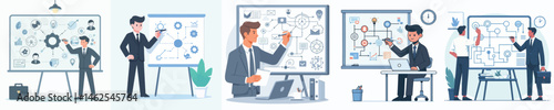 businessman writing on strategy board seriously style vector flat design