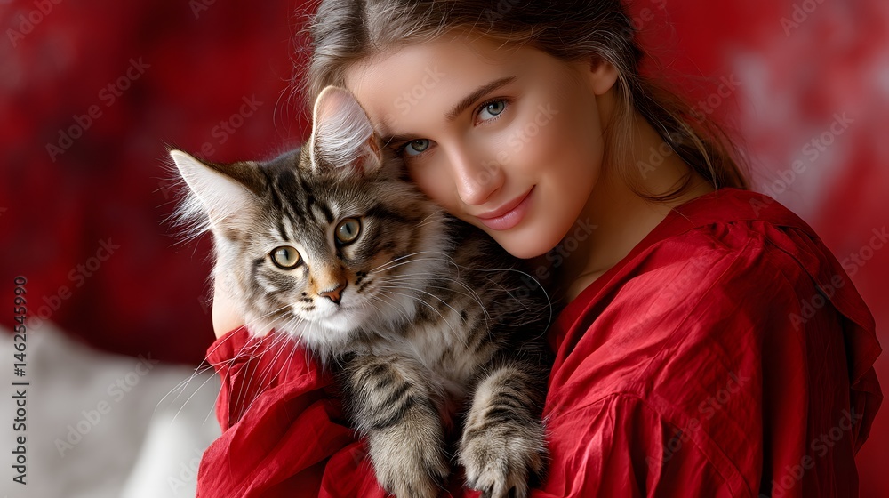 Young Woman Cuddling Soft Maine Coon Cat in Cozy Indoor Setting with Red Background