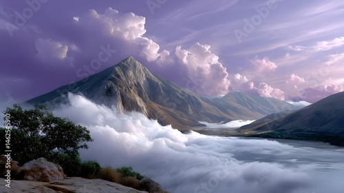 Majestic Mountain Landscape Surrounded by Ethereal Clouds under a Colorful Twilight Sky