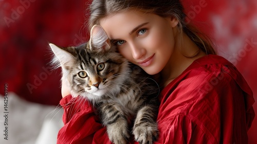 Young Woman Cuddling Soft Maine Coon Cat in Cozy Indoor Setting with Red Background