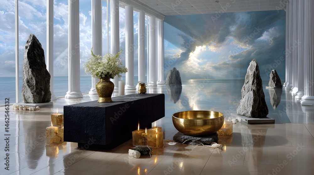 Serene Indoor Space with Golden Bowl and Stones Overlooking Tranquil Landscape and Sky