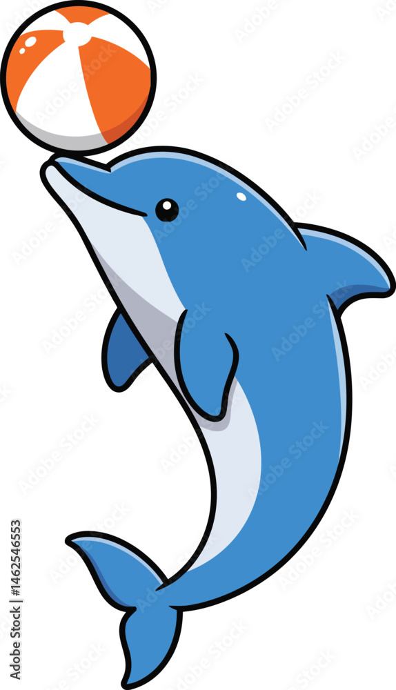 Obraz premium Playful dolphin balancing orange and white beach ball vector illustration in cartoon style 