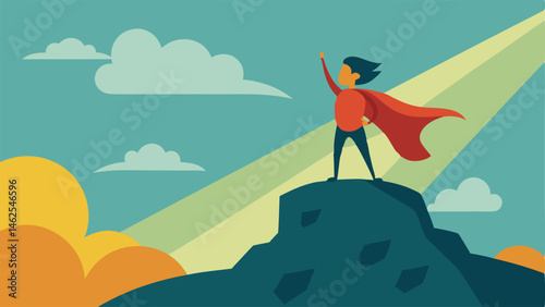 Heroic Stance A character stands confidently on a grassy hill one foot raised on a boulder. The cape hangs down like a waterfall and their head is tilted back gazing upward as