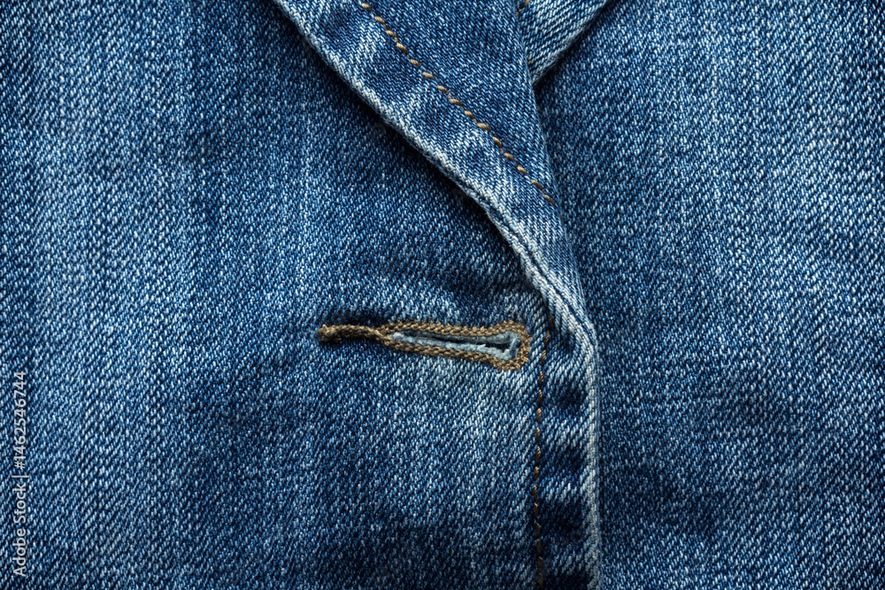 Close-up of a buttonhole on blue denim jacket, showing stitching and seam detail