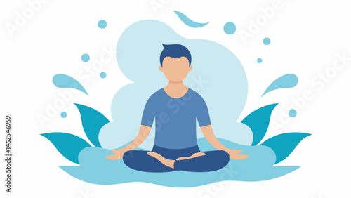 Mindfulness and Relaxation A peaceful figure sitting in a meditative pose surrounded by tranquil elements like soft waves or flowing water representing the rejuvenating effects of