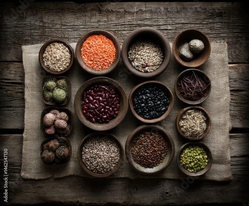 Variety of dried spices and legumes on wooden surface