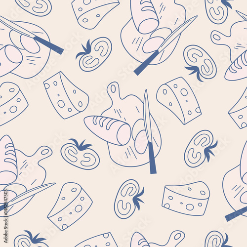 La dolce vita doodles seamless pattern with bread and cheese. Blue on light beige vector illustration of italian style hand drawn posters. Wall art prints decor for invitations, menus design.