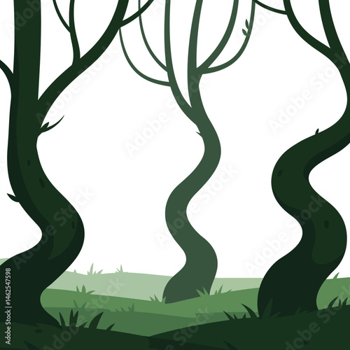 Twisted dark green tree trunks with grassy ground silhouette vector illustration in square format 
