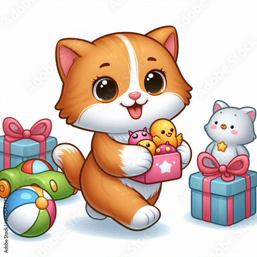 Cute cartoon cat carrying a gift box filled with toys.