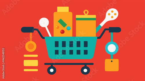 Kitchen Carnival A vibrant shopping cart overflowing with kitchen gadgets and cookware such as frying pans mixers and utensils amidst a lively culinarythemed background.