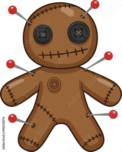 Voodoo doll with red pins and button eyes vector illustration in brown fabric style