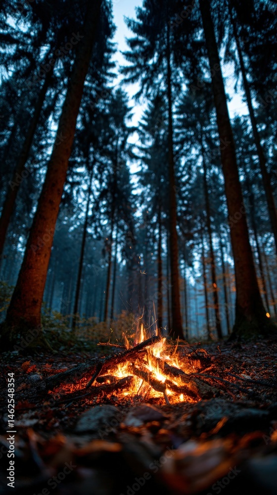 Fototapeta premium Warm campfire glows amidst tall trees in evening forest