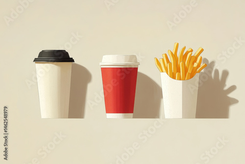cups with fries, fries on top; salt scattered; beverage nearby on wooden table, sunlight streaming, outdoor setting.