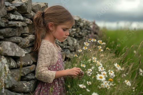 Young girl picking wildflowers by dry stone wall in sunlit meadow