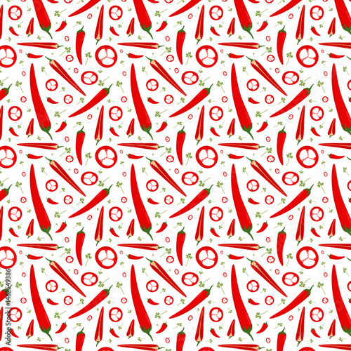 vector seamless illustration, patten on the theme of cooking. Red chili pepper on a white background