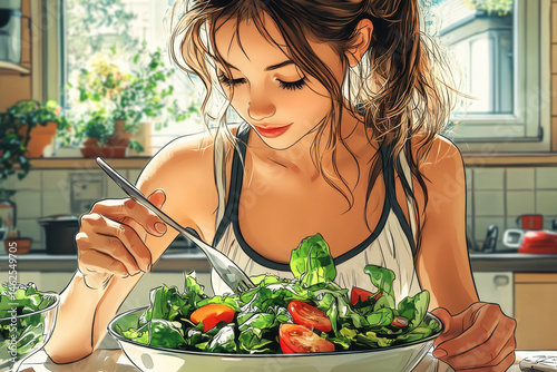 Woman eating salad in kitchen. Bright, airy space, modern decor. Natural light, fresh ingredients. Healthy lifestyle concept.