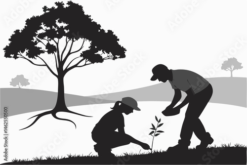 31 Silhouette art, black and white, two people planting a tree, environmental conservation, minimalist landscape, lone tree on horizon, nurturing nature, symbolic growth, contrast between small saplin