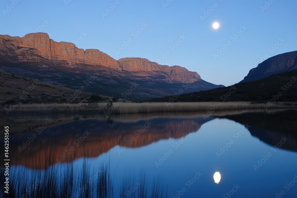 Fototapeta premium Moonlit Lake Reflection Near Mountains Under Clear Night Sky