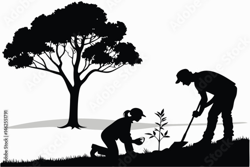 31 Silhouette art, black and white, two people planting a tree, environmental conservation, minimalist landscape, lone tree on horizon, nurturing nature, symbolic growth, contrast between small saplin