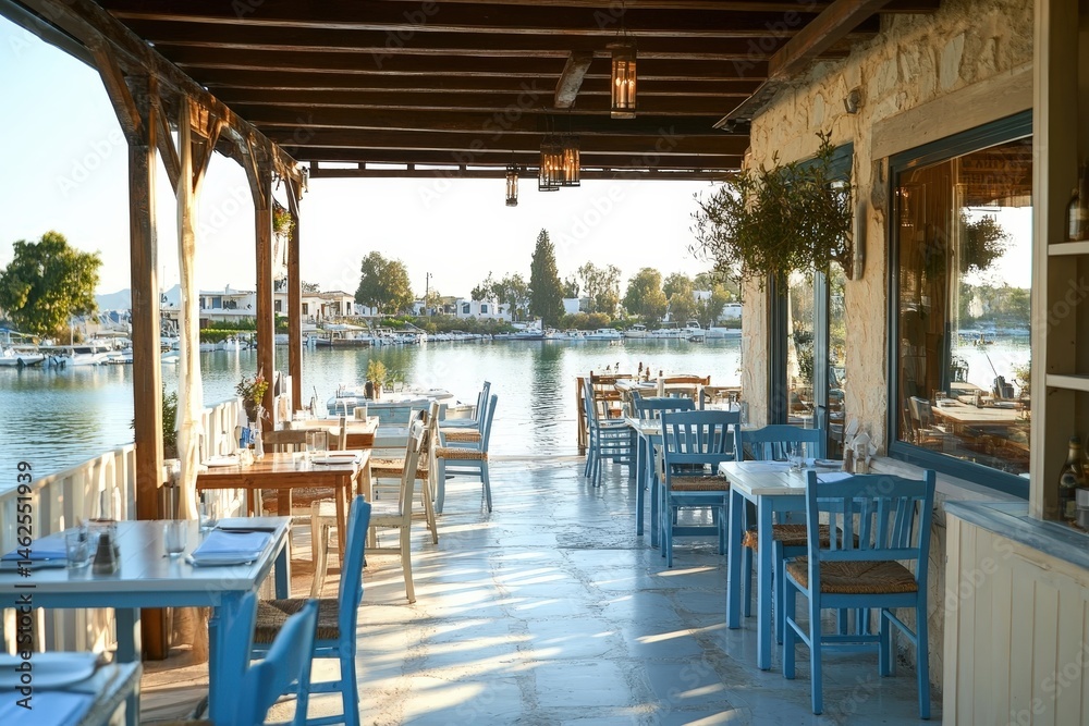 Fototapeta premium Traditional Greek Taverna with Blue Tables by the Waterfront in Sunlight