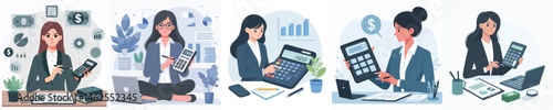 businesswoman is managing finance with calculator style vector flat design