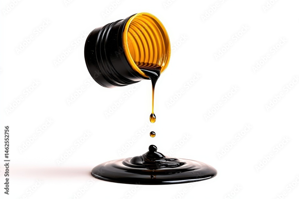 Motor Oil Pouring from Yellow Container through Black Funnel on White Background Motor Oil Pouring from Yellow Container through Black Funnel on White Background