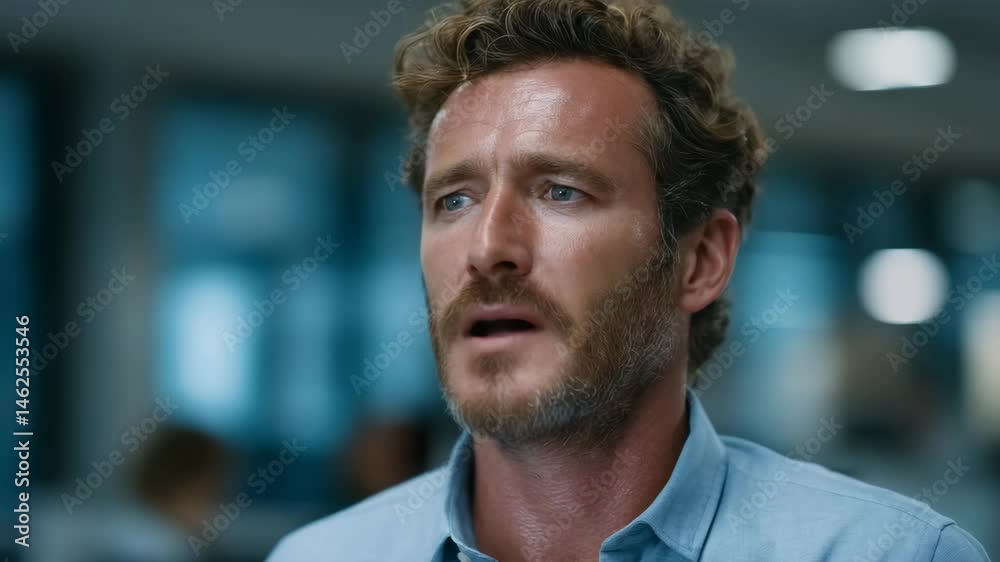 Thoughtful man in casual shirt discussing innovative ideas in office Thoughtful man in casual shirt discussing innovative ideas in office