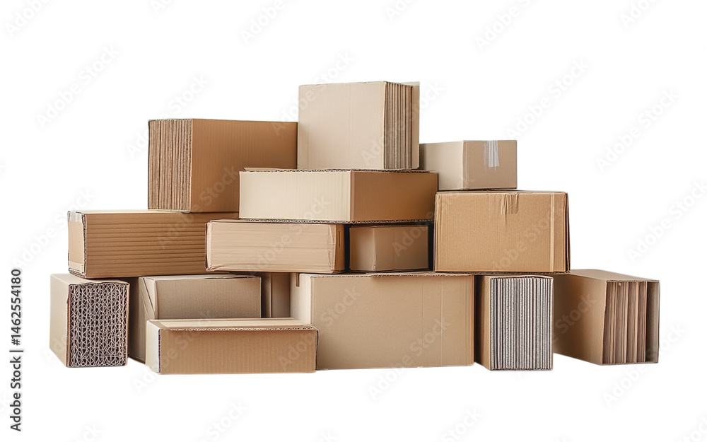 Obraz premium Cardboard boxes stacked on top of each other, isolated against on Png Format and Transparent Background