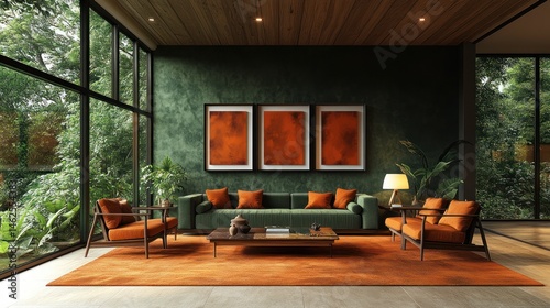 Modern, earthy living room with lush views.  Dark green walls, warm orange accents, and large windows showcase a tropical setting.  Comfortable seating and a coffee table complete the space