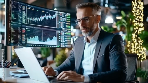 Business Professional Analyzing Data on Laptop with Stock Market Trends