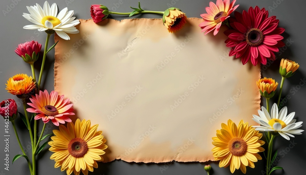 Fototapeta premium Floral Frame with Colorful Daisies and Gerberas on Black Background