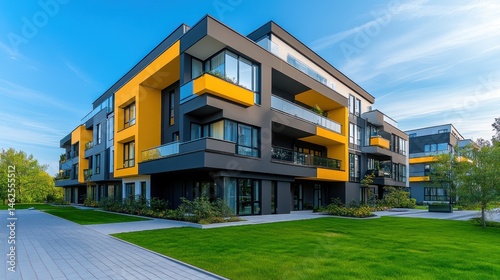 Modern residential building with balconies and geometric architecture on a sunny day