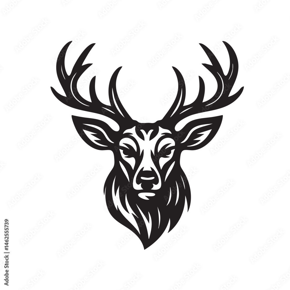 A black vector silhouette depicts a wild deer head with antlers, an illustration of nature A black vector silhouette depicts a wild deer head with antlers, an illustration of nature