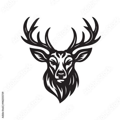 A black vector silhouette depicts a wild deer head with antlers, an illustration of nature