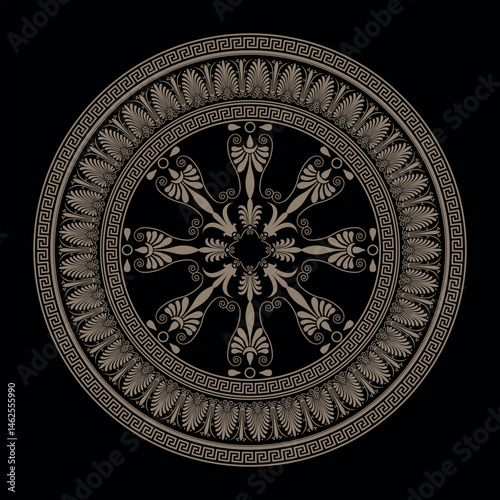 Vector gold Round pattern plate with Greek seamless meander of Ancient Greece, Roman Empire. Greek fret, key. Circle, Arabesque, Byzantine pattern. For laser cutting, ceramic, textile, embroidery