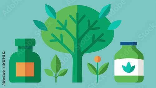 Nature Blend An illustration incorporating elements like a tree herbal plants and a bottle of organic longevity supplements emphasizing natural ingredients.